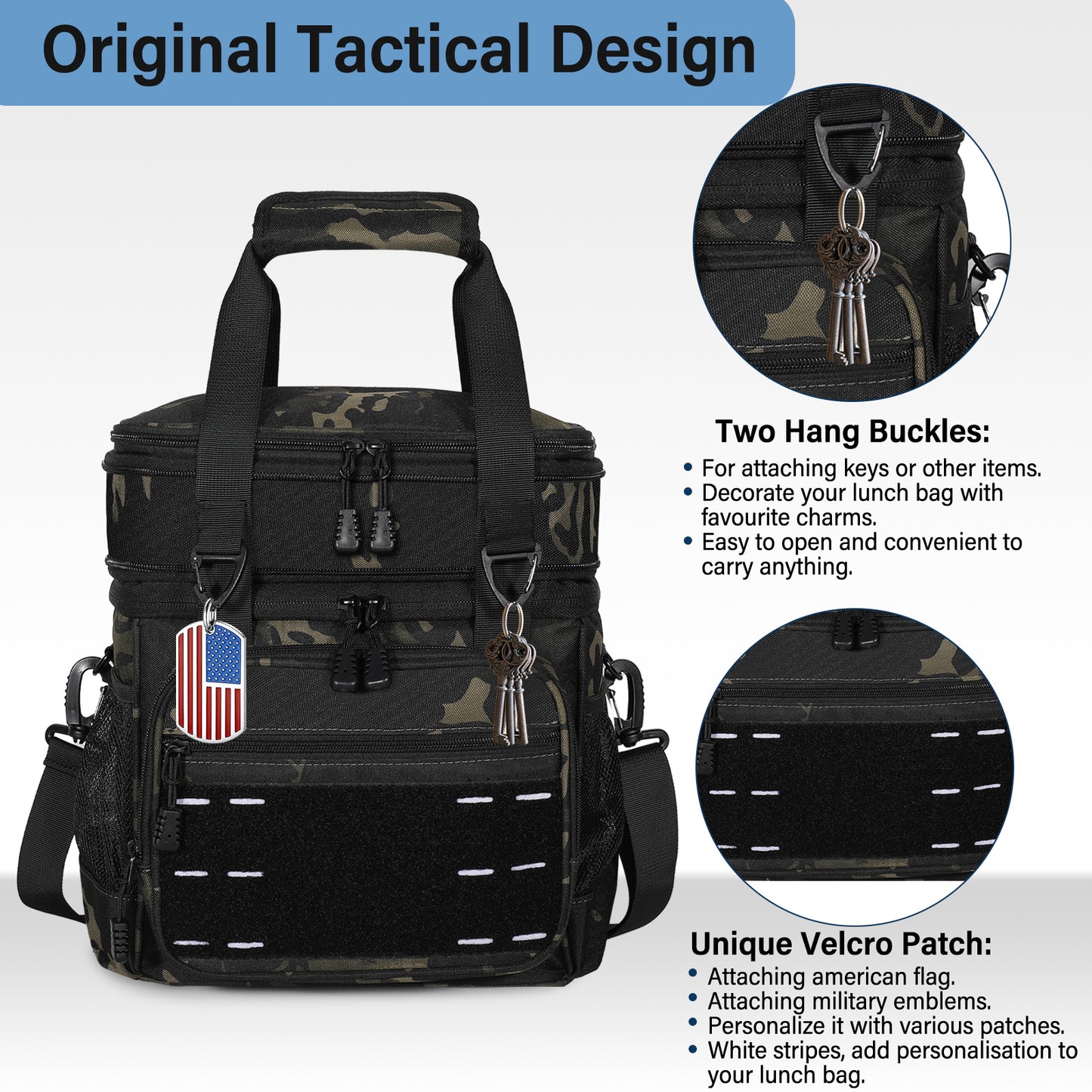 Lunch Box Cooler Bag - Insulated Tactical Lunchbox for Men - Large Lunch Pail Lunch Kit for Adults Work Outdoor Shifts Trips Black Camo 16L