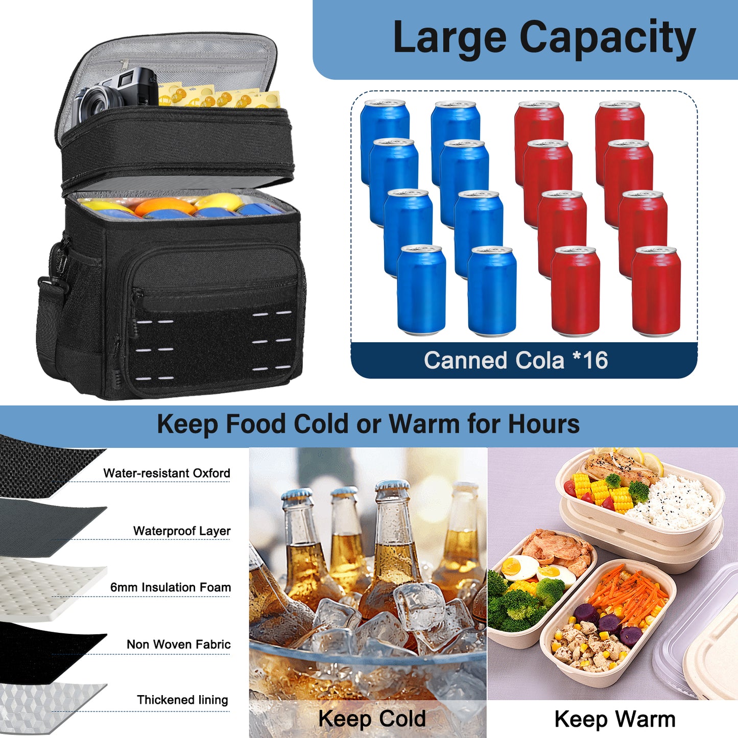 Lunch Box Cooler Bag - Tactical Insulated Lunchbox for Men - Large Lunch Pail Lunch Kit for Adults Work Outdoor Shifts Trips Black 16L
