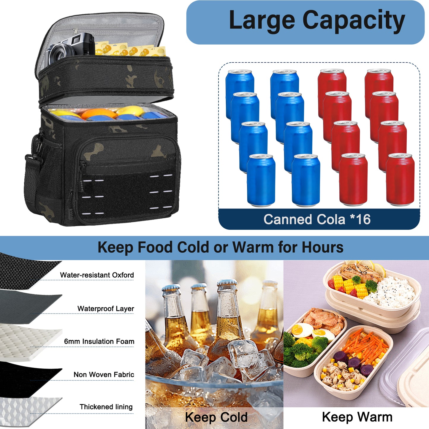 Lunch Box Cooler Bag - Insulated Tactical Lunchbox for Men - Large Lunch Pail Lunch Kit for Adults Work Outdoor Shifts Trips Black Camo 16L