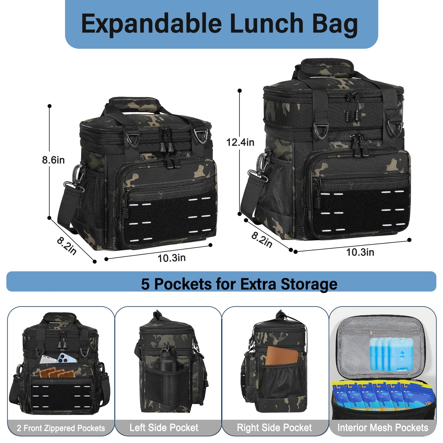 Lunch Box Cooler Bag - Insulated Tactical Lunchbox for Men - Large Lunch Pail Lunch Kit for Adults Work Outdoor Shifts Trips Black Camo 16L