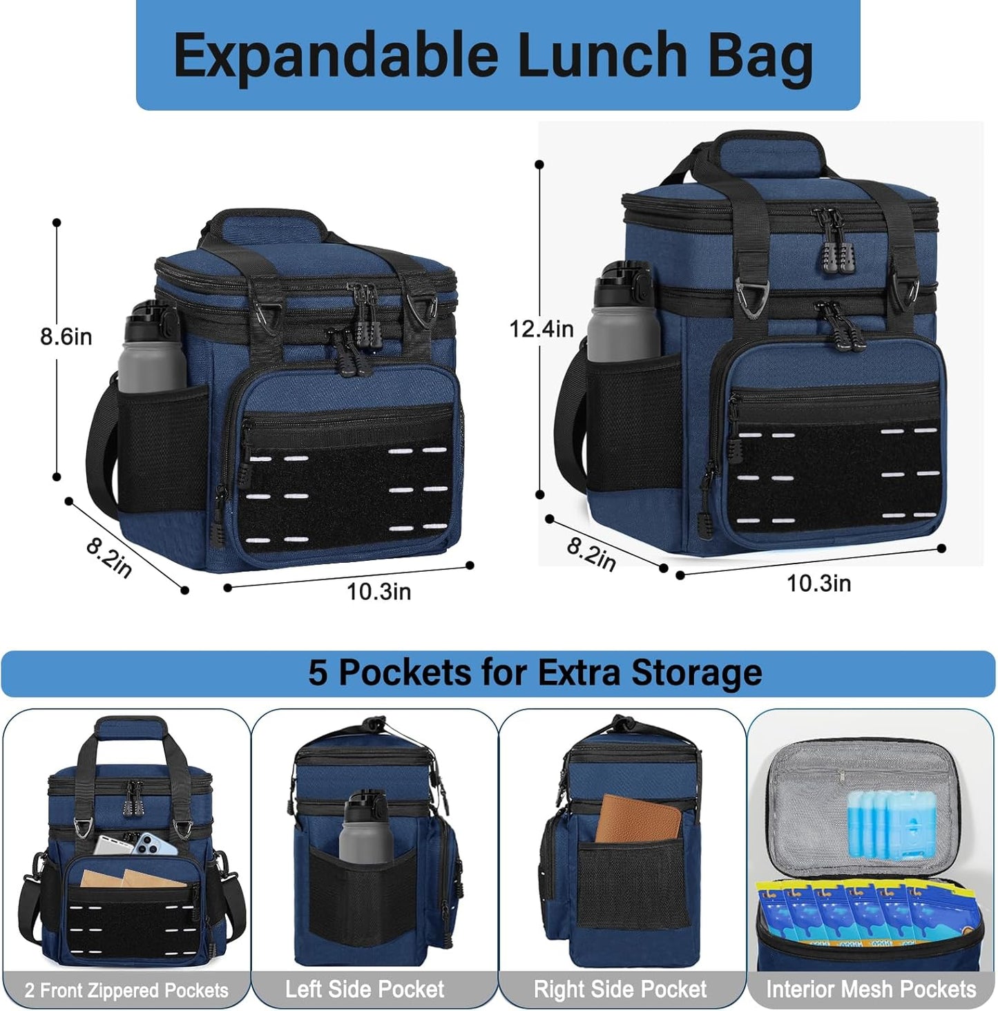 Lunch Box Cooler Bag - Insulated Tactical Lunchbox for Men - Large Lunch Pail Lunch Kit for Adults Work Outdoor Shifts Trips Blue 16L