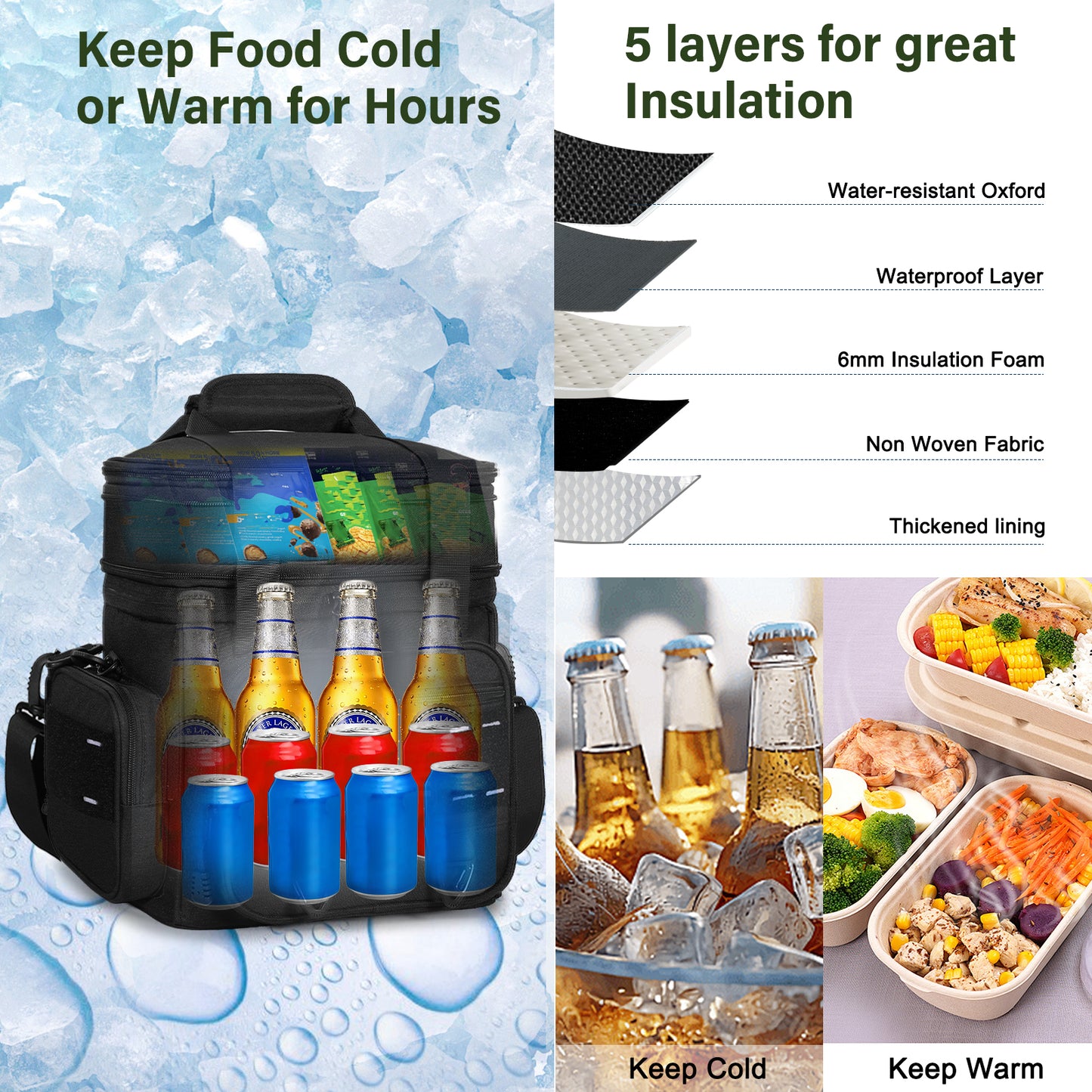 Expandable Tactical Lunch Box, Large Insulated Lunch Cooler Bag Heavy Duty Leakproof Lunch Pail for Men Adults Work Office Outdoor Picnic Trips,16L,Black