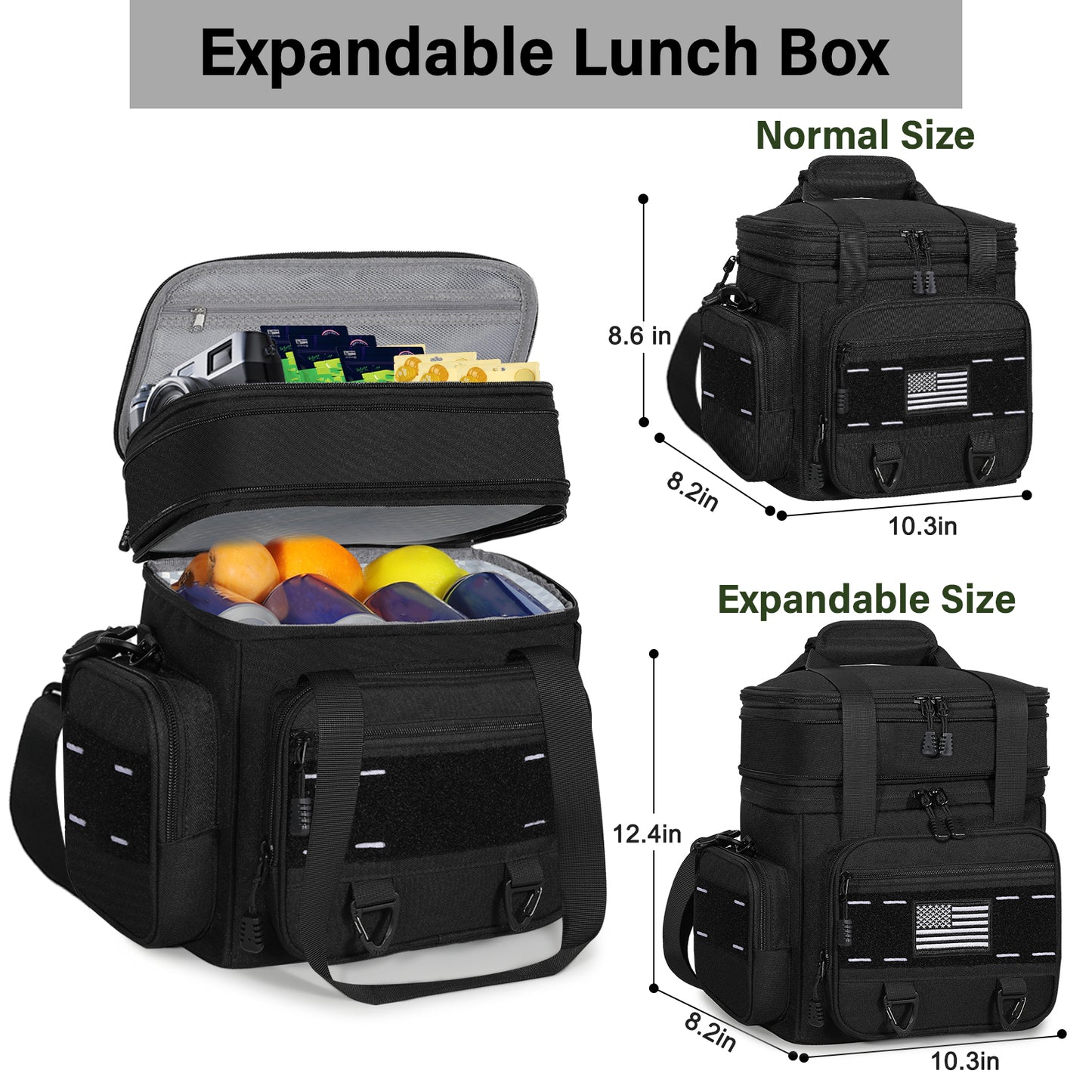 Expandable Tactical Lunch Box, Large Insulated Lunch Cooler Bag Heavy Duty Leakproof Lunch Pail for Men Adults Work Office Outdoor Picnic Trips,16L,Black