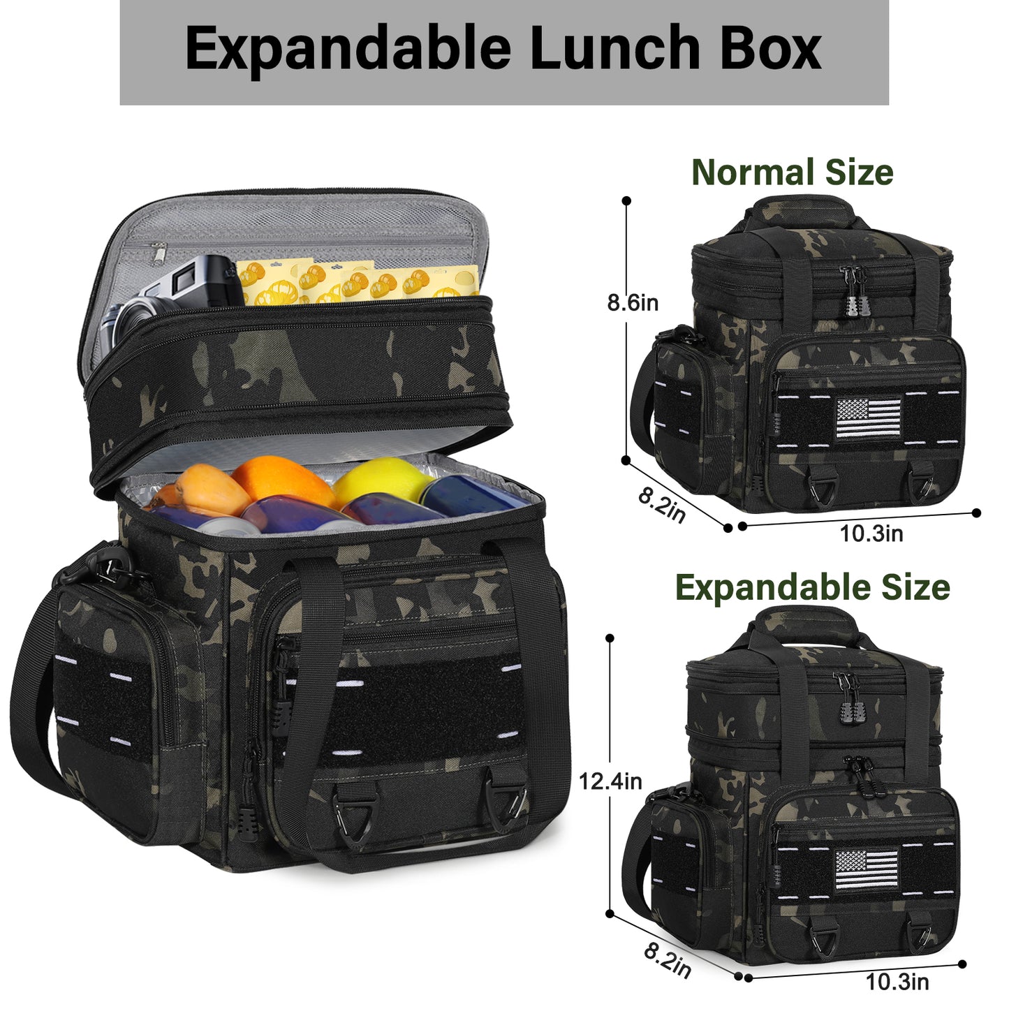 Expandable Tactical Lunch Box, Large Insulated Lunch Cooler Bag Heavy Duty Leakproof Lunch Pail for Men Adults Work Office Outdoor Picnic Trips,16L,Black Camo