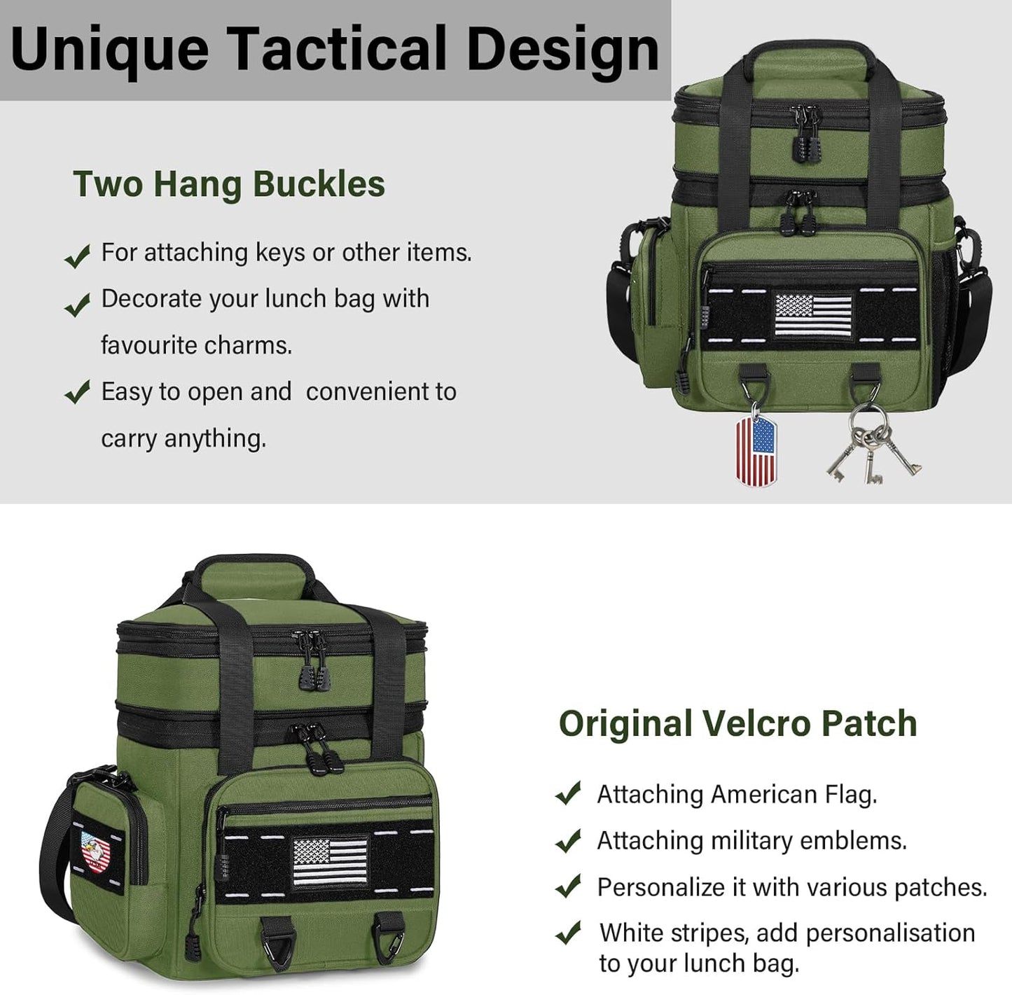 Expandable Tactical Lunch Box, Large Insulated Lunch Cooler Bag Heavy Duty Leakproof Lunch Pail for Men Adults Work Office Outdoor Picnic Trips,16L,Army Green