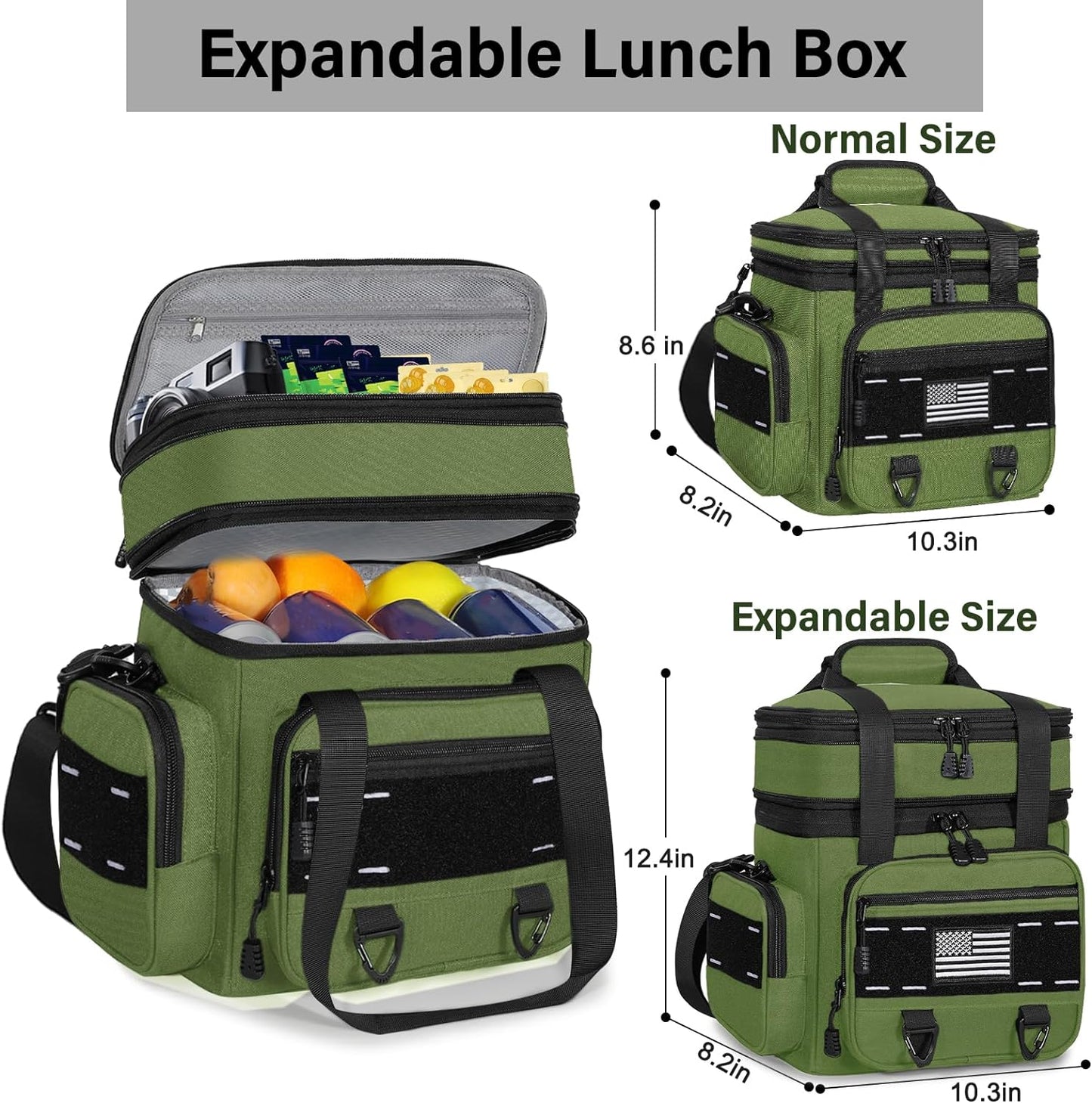 Expandable Tactical Lunch Box, Large Insulated Lunch Cooler Bag Heavy Duty Leakproof Lunch Pail for Men Adults Work Office Outdoor Picnic Trips,16L,Army Green