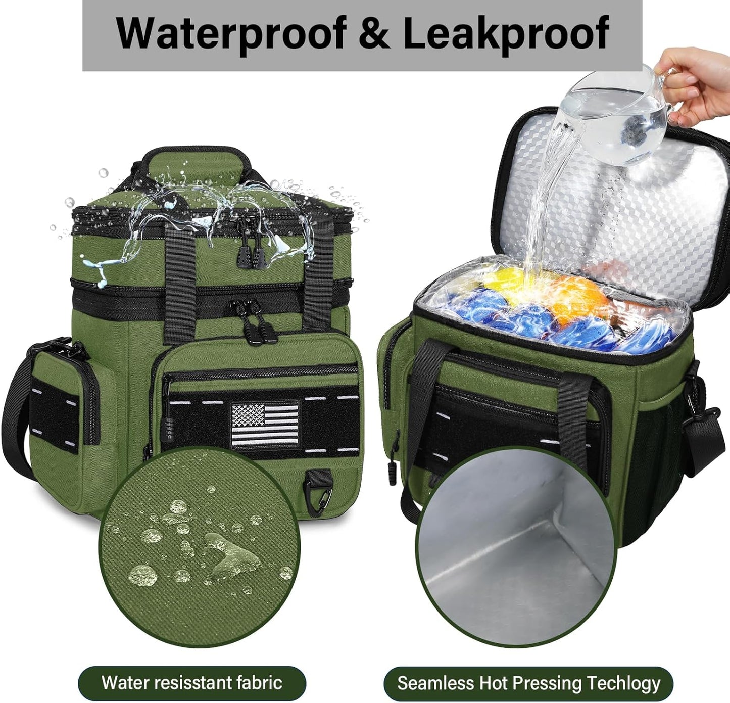 Expandable Tactical Lunch Box, Large Insulated Lunch Cooler Bag Heavy Duty Leakproof Lunch Pail for Men Adults Work Office Outdoor Picnic Trips,16L,Army Green